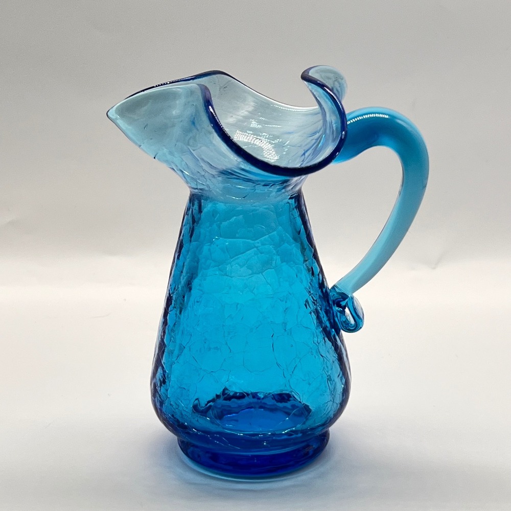 Vintage Crackle Glass Pitcher Azure Aqua Blue Hand Blown Applied Handle Vase 5"